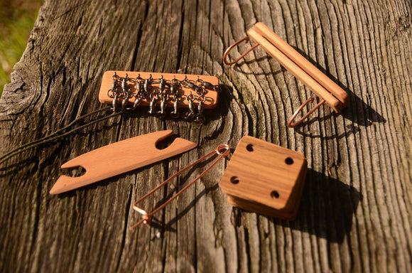 Tablet weaving kit, 16 tablets, Set for card  weaving,  weaving swivels, weaving shuttle, copper pin, tablets for weaving, Medieval weaving.